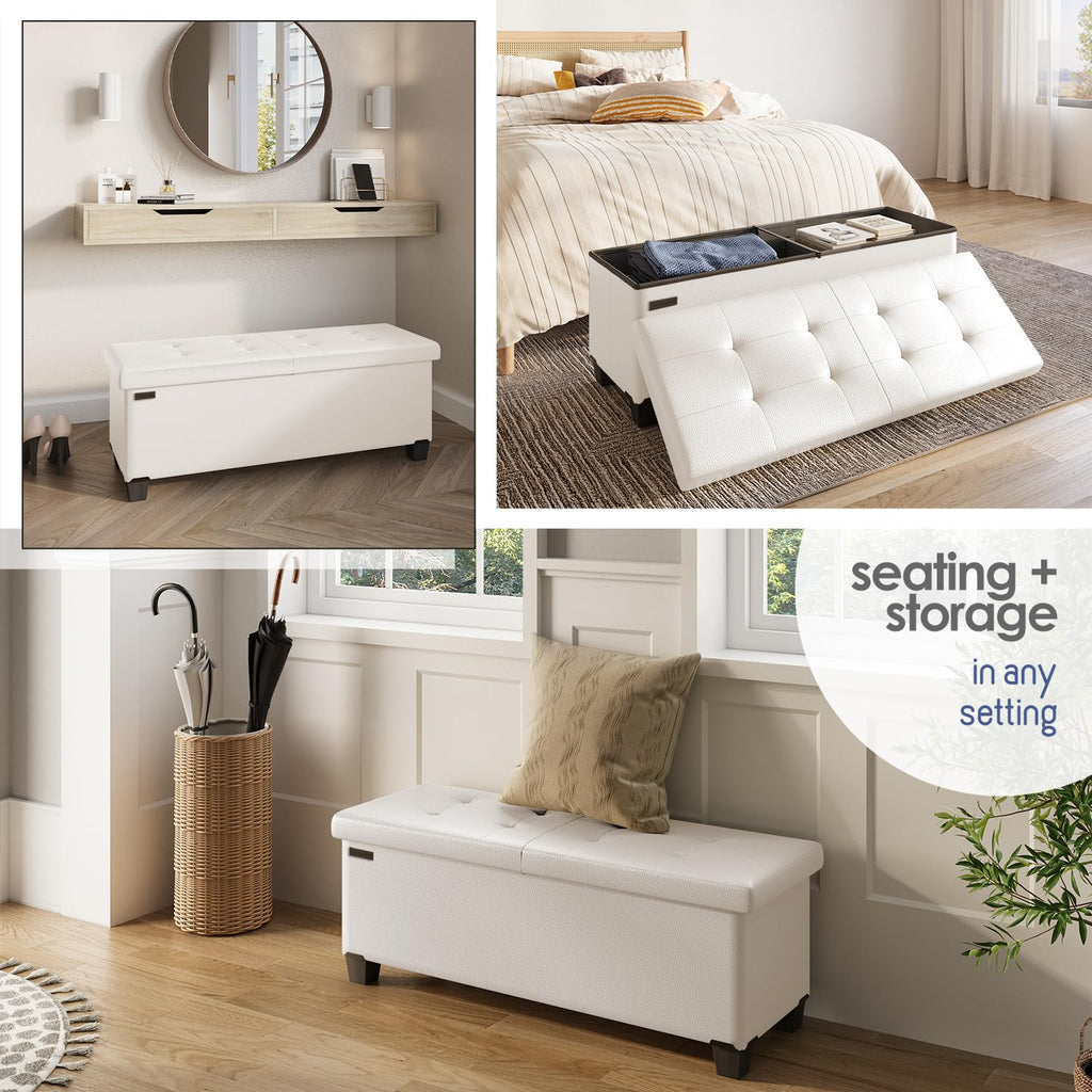 Storage Ottoman Bench with Bins, 43-in Storage Bench End of Bed, Folding Foot Rest Ottoman Max 660lbs, Faux Leather
