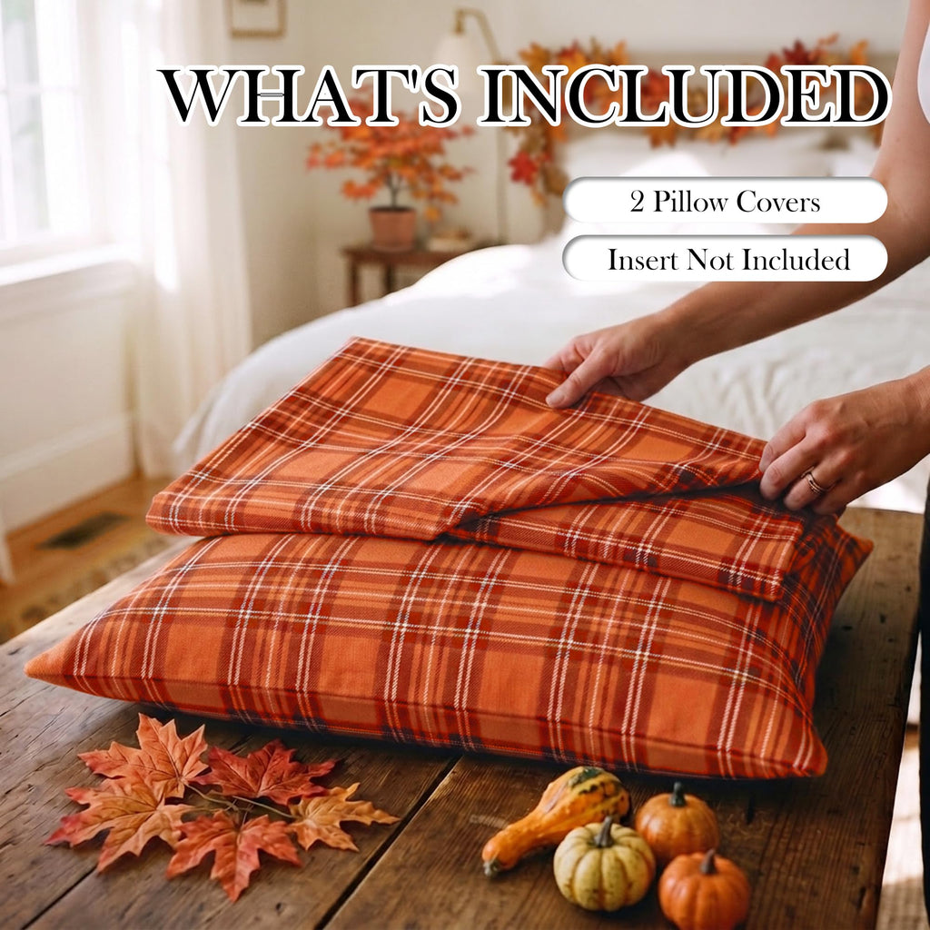 Burnt Orange Fall Plaid Euro Pillow Sham Covers 24x24, Large Pillow Covers