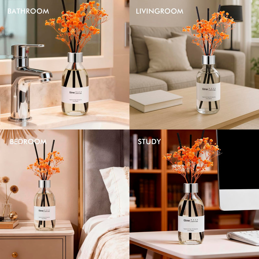 Reed Diffuser Set, 6.7 oz Citrus Scented Diffuser with Sticks, Home Fragrance Reed Diffuser Shelf Decor
