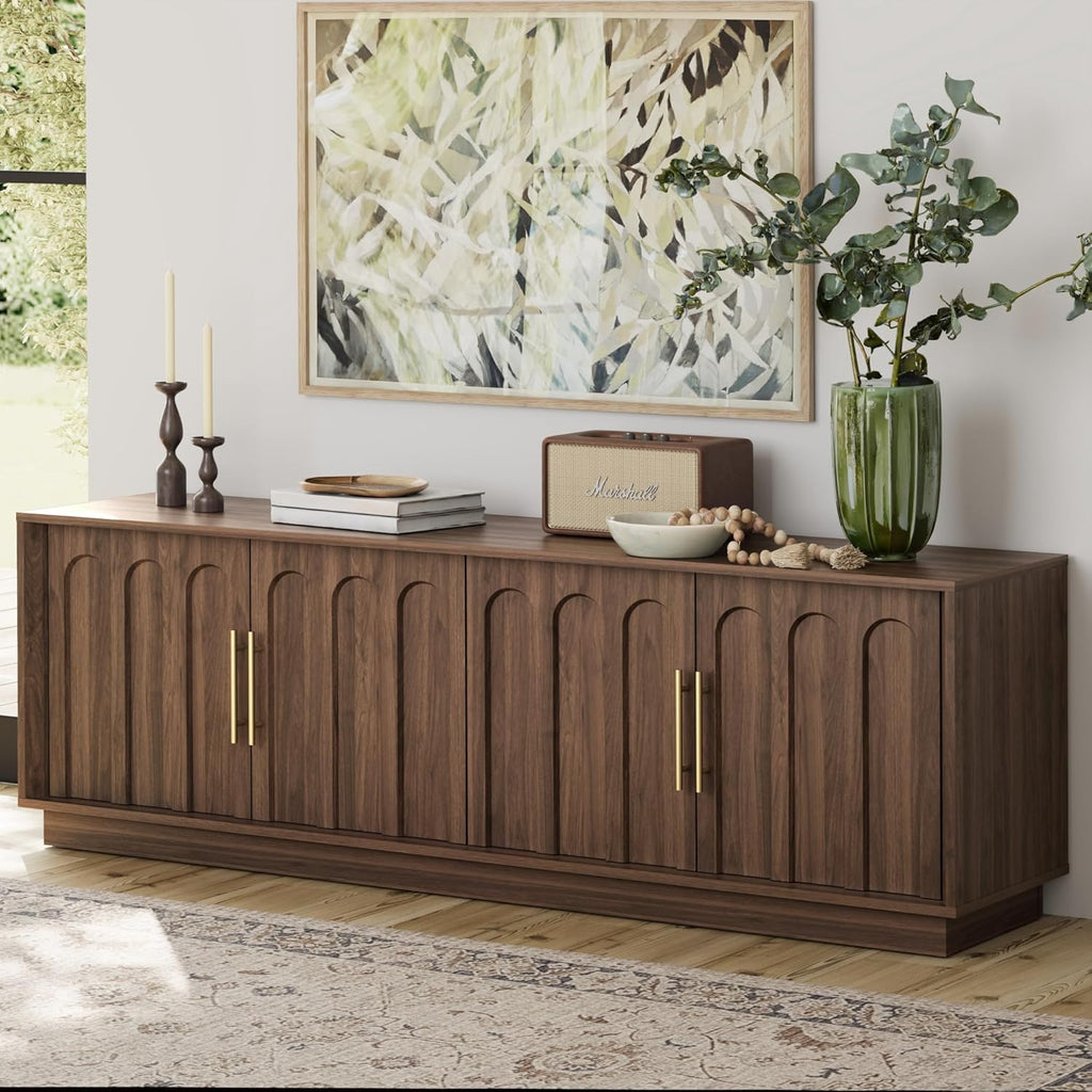 TV Stand for 75 Inch TV, Mid Century Modern TV Stand with Arched Design, Wood Grain Finish, Media Console with