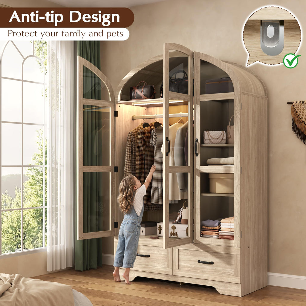 75"Arched Wardrobe Closet with 3 Doors, Bedroom Armoire with LED & Drawers