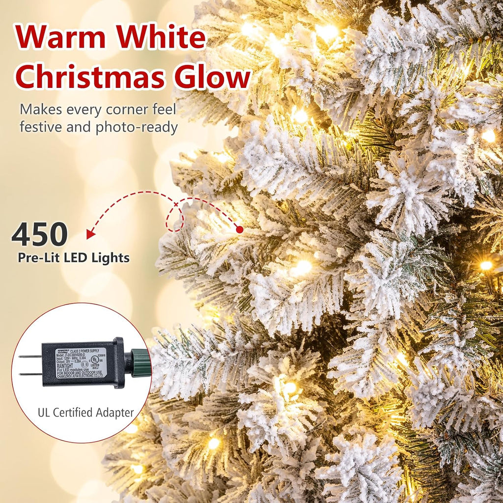 Pre-Lit Snow Flocked Christmas Tree with 450 Lights