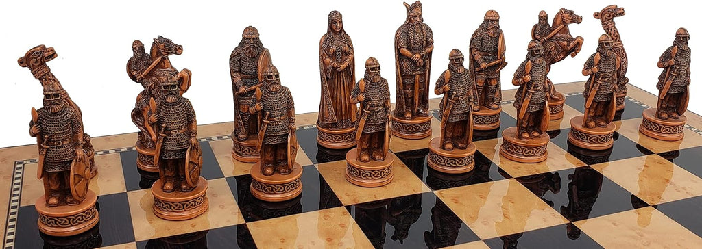 Antique Ivory & Brown Norse Viking Chess Set with 18 inch Walnut Color Board