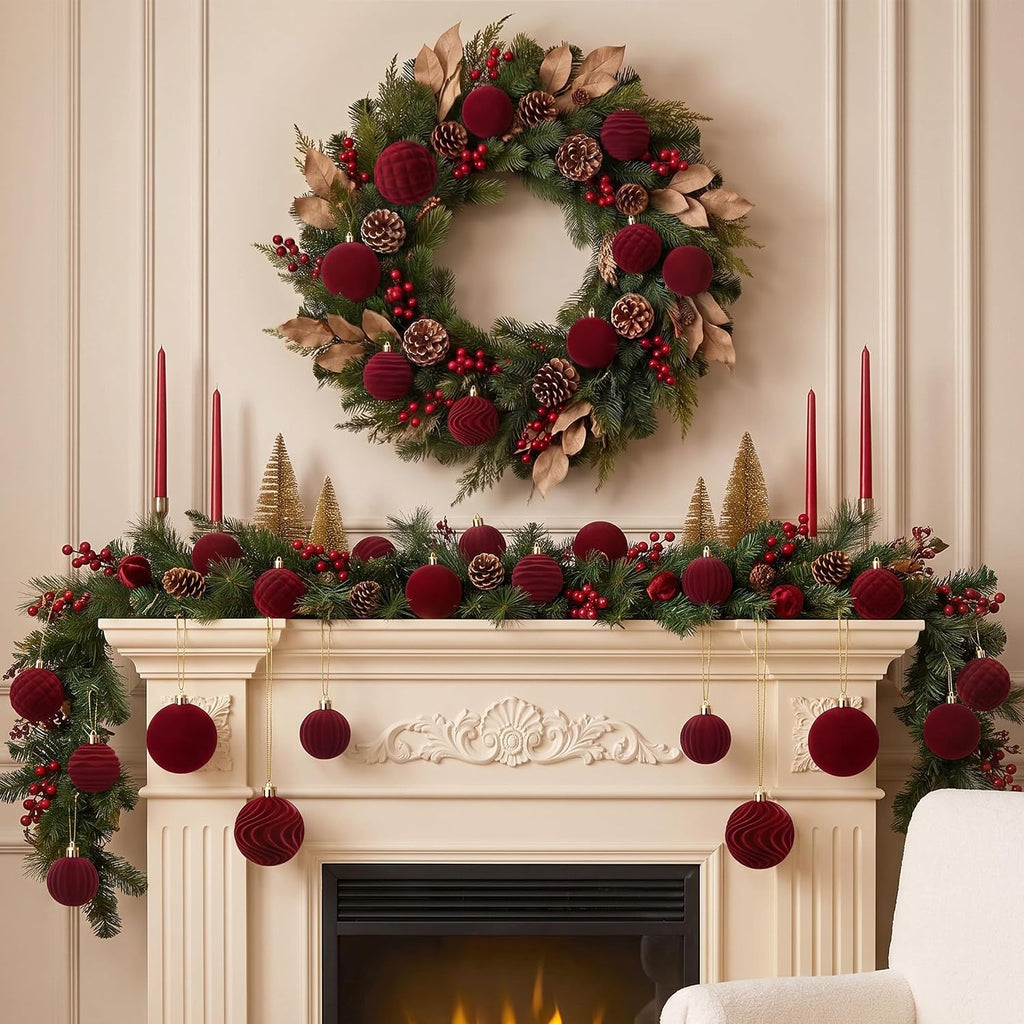 Burgundy Velvet Christmas Ball Ornaments for Tree Decor - Set of 44