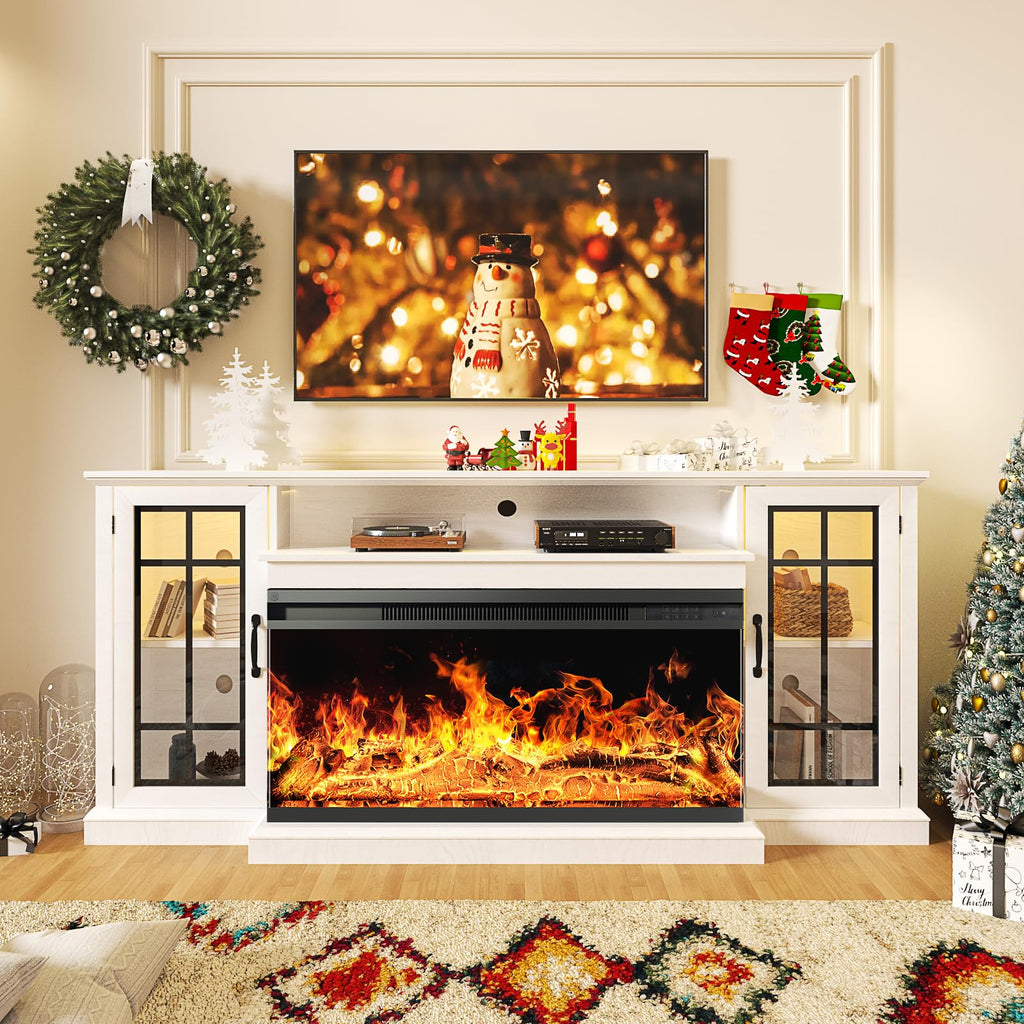 36 Inch 3-Sided Glass Fireplace TV Stand for TVs up to 80", Rustic Media Entertainment Center Console Table with