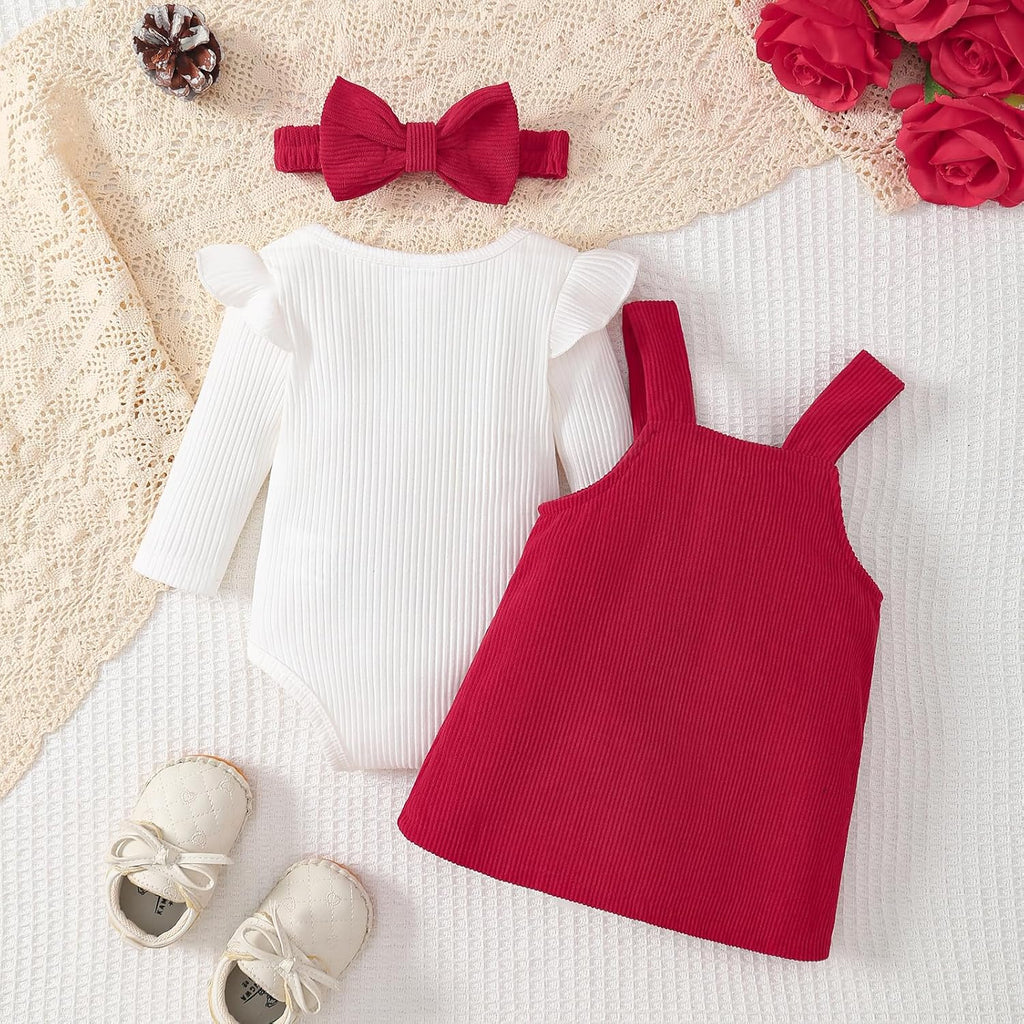 Newborn Baby Girl Suspender Skirt Set Long Sleeve Ribbed Romper