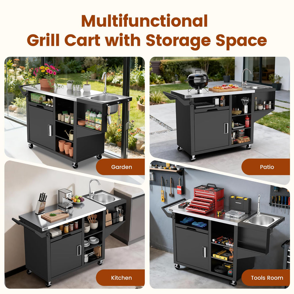 Outdoor Grill Cart on Wheel, Pizza Oven Table with Sink & Storage, 20"x42" Stainless Steel Prep Table Kitchen Island