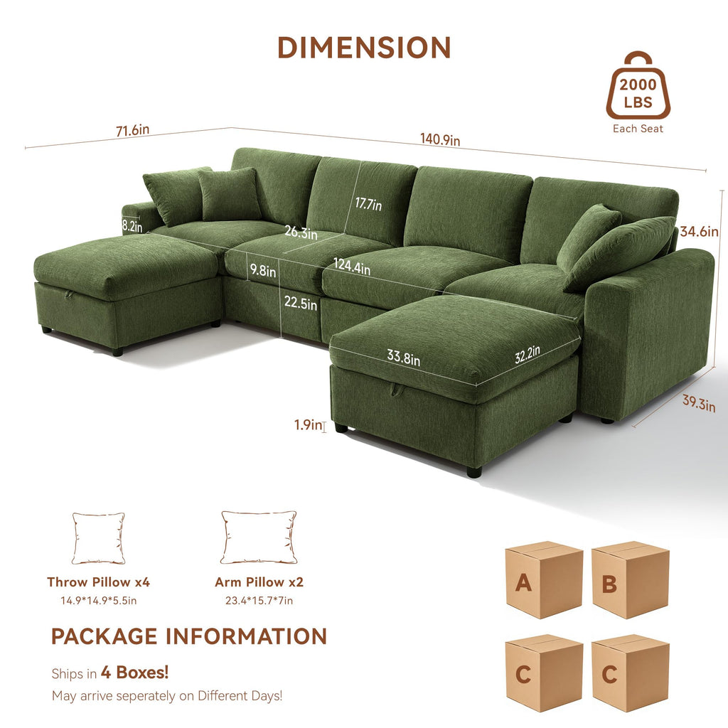 141" Oversized Cloud Sectional Couches, Modular Sectional Sofa with Wide Deep Seat, U Shaped Couch with Throw Pillow