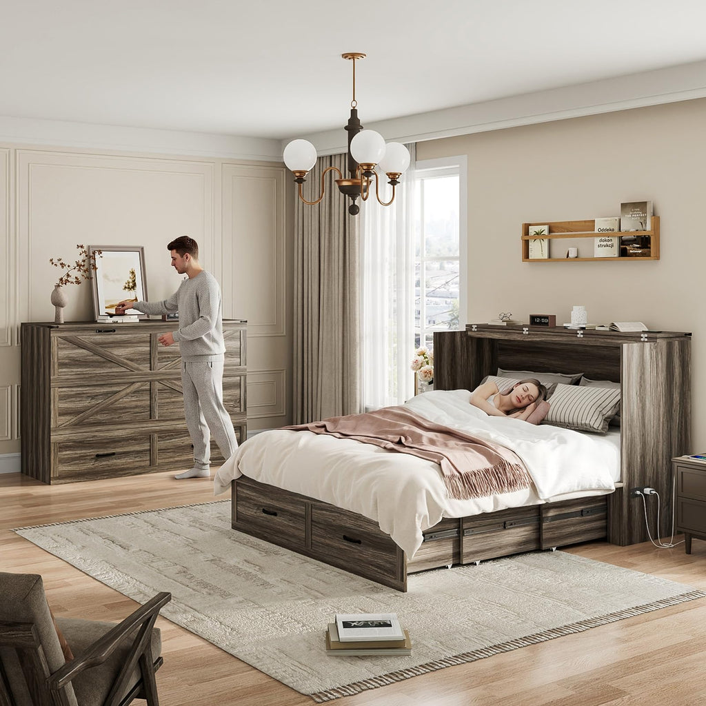 Full Size Farmhouse Murphy Bed with Drawer&Charging Station, Grey