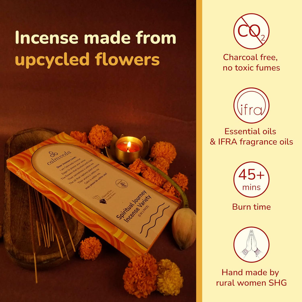 Natural Incense Sticks Variety Pack - (5 Variants) Charcoal Free Inscents-Sticks, Made from Upcycled Flowers | Sacred - Set of 60
