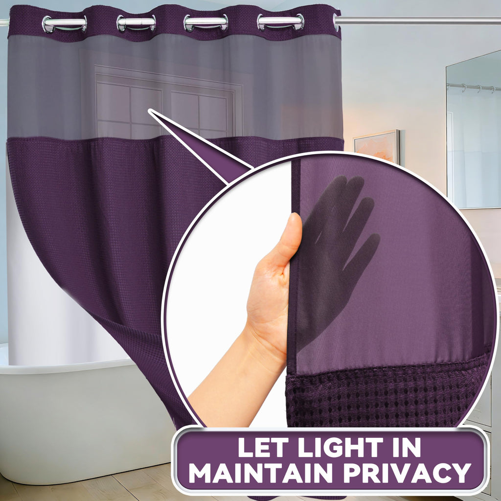 Extra Long No Hook Waffle Weave Shower Curtain with Snap in Liner Set, Hotel Luxury Purple Shower Curtains with See