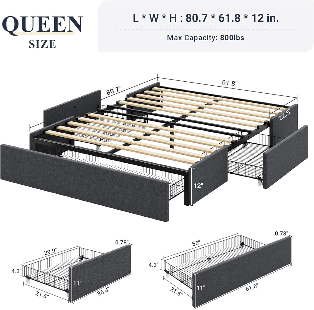 Queen Platform Bed Frame with 3 Storage Drawers, Fabric Upholstered, Wooden Slats Support, No Box Spring Needed
