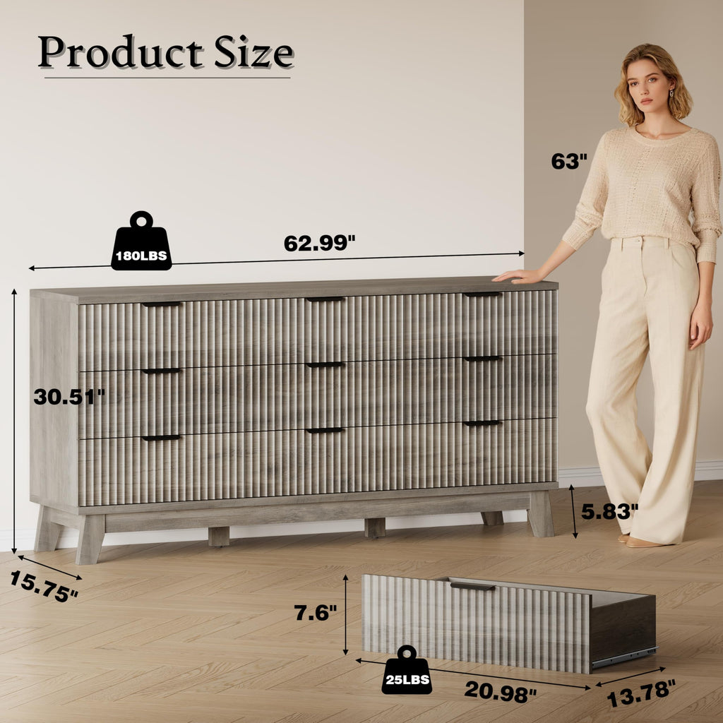 63" Long Dresser, 9-Drawer Fluted Dresser, Extra-Wide Wood Chest of Drawers with Smooth Metal Slides, Stable Base