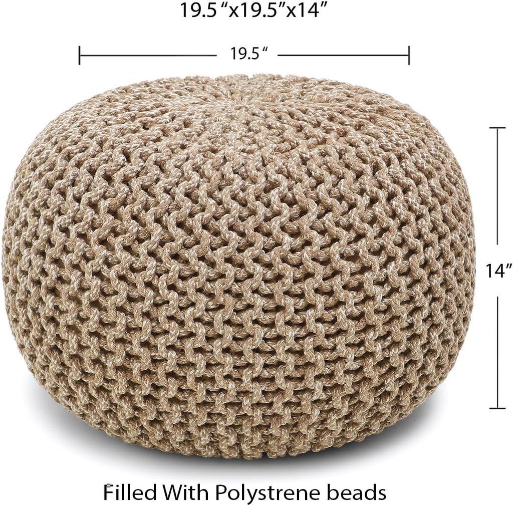 Round Pouf Ottoman - Hand Knitted Boho Poof - Beige Ivory | 100% Cotton, 19.5"x19.5"x14"; Doubles as Footstool, Foot