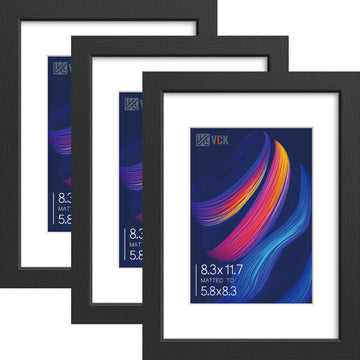 A4 Frame 3 Pack, Black Wood, A5 Mat, Glass, for Picture, Photo, Print