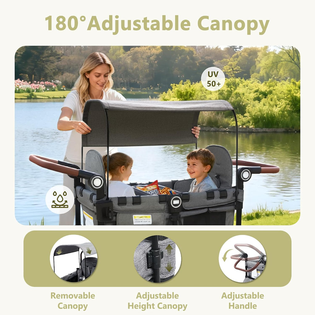 Wagon Stroller for 2 Kids, Shock-Absorbing Wheels, Grey