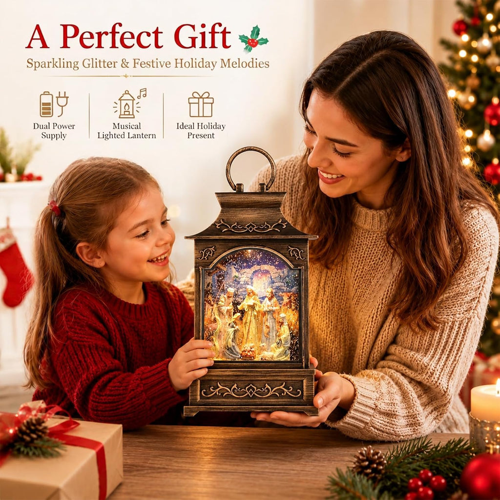 Christmas Nativity Snow Globe Lantern Musical Swirling Glitter Light