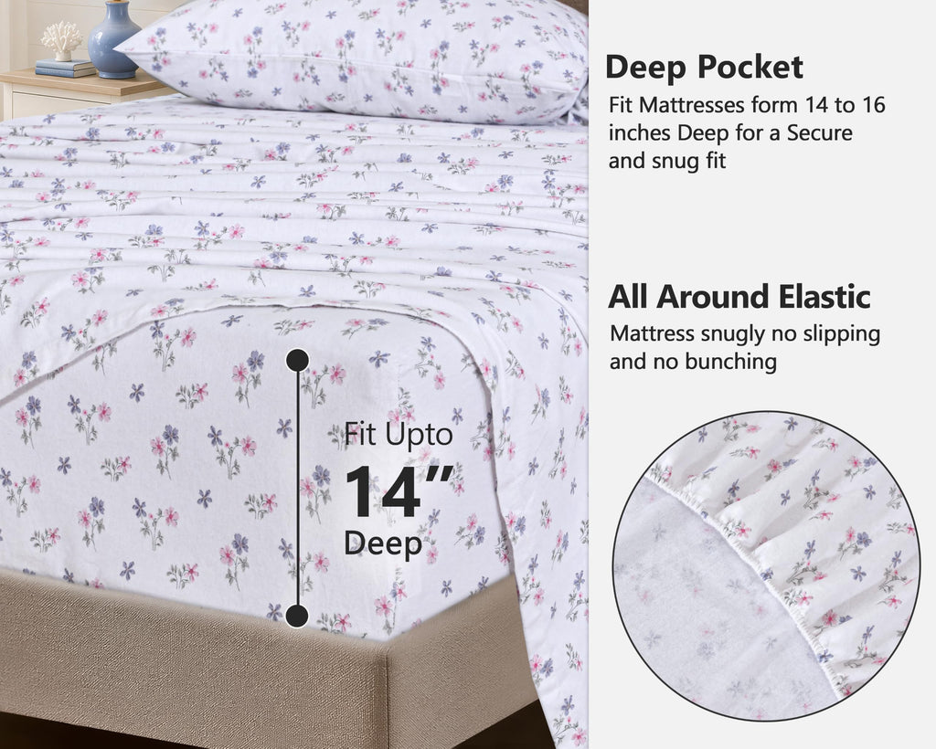100% Cotton Flannel Sheets Cal King Size, 4 PCs Set, Blush Garden
