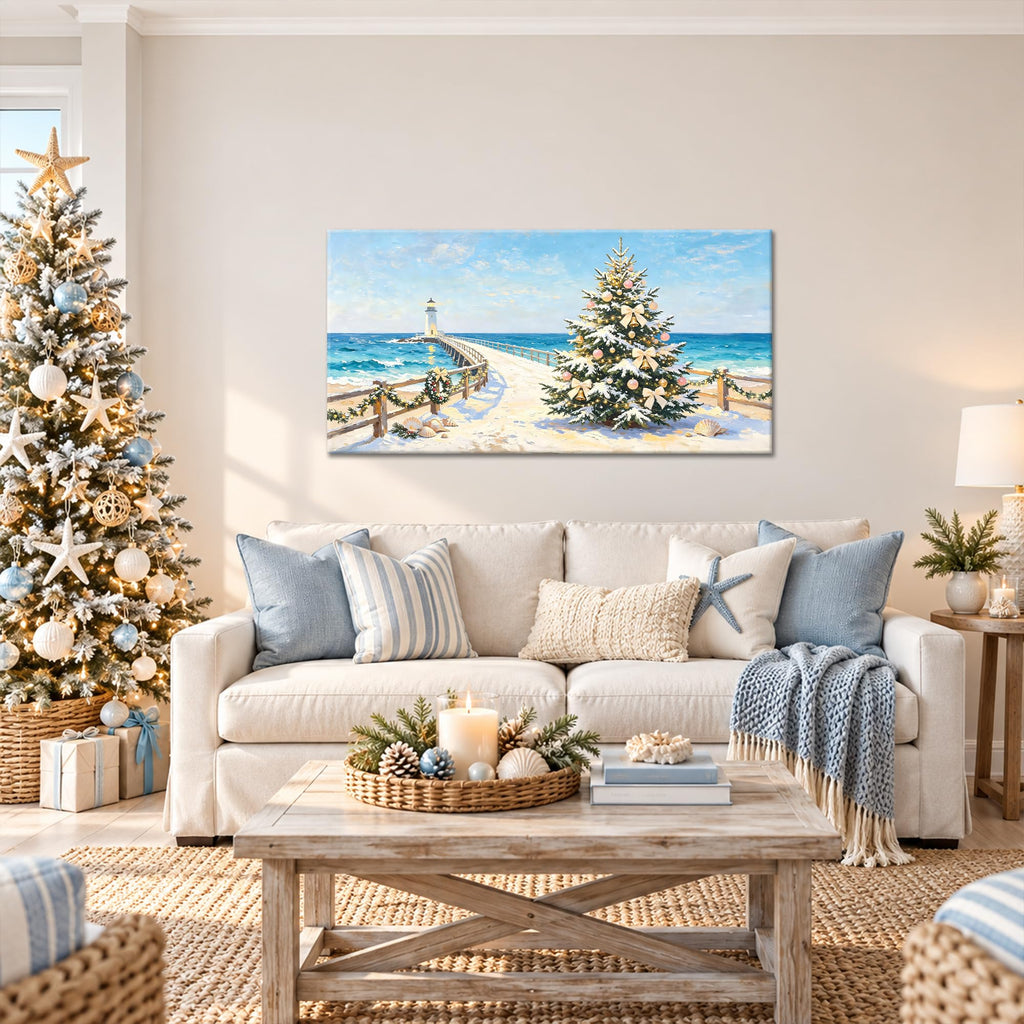 Coastal Christmas Wall Art, Rustic Beach Canvas Prints Holiday Tree Pictures, Vibrant Winter Seaside Painting Ocean