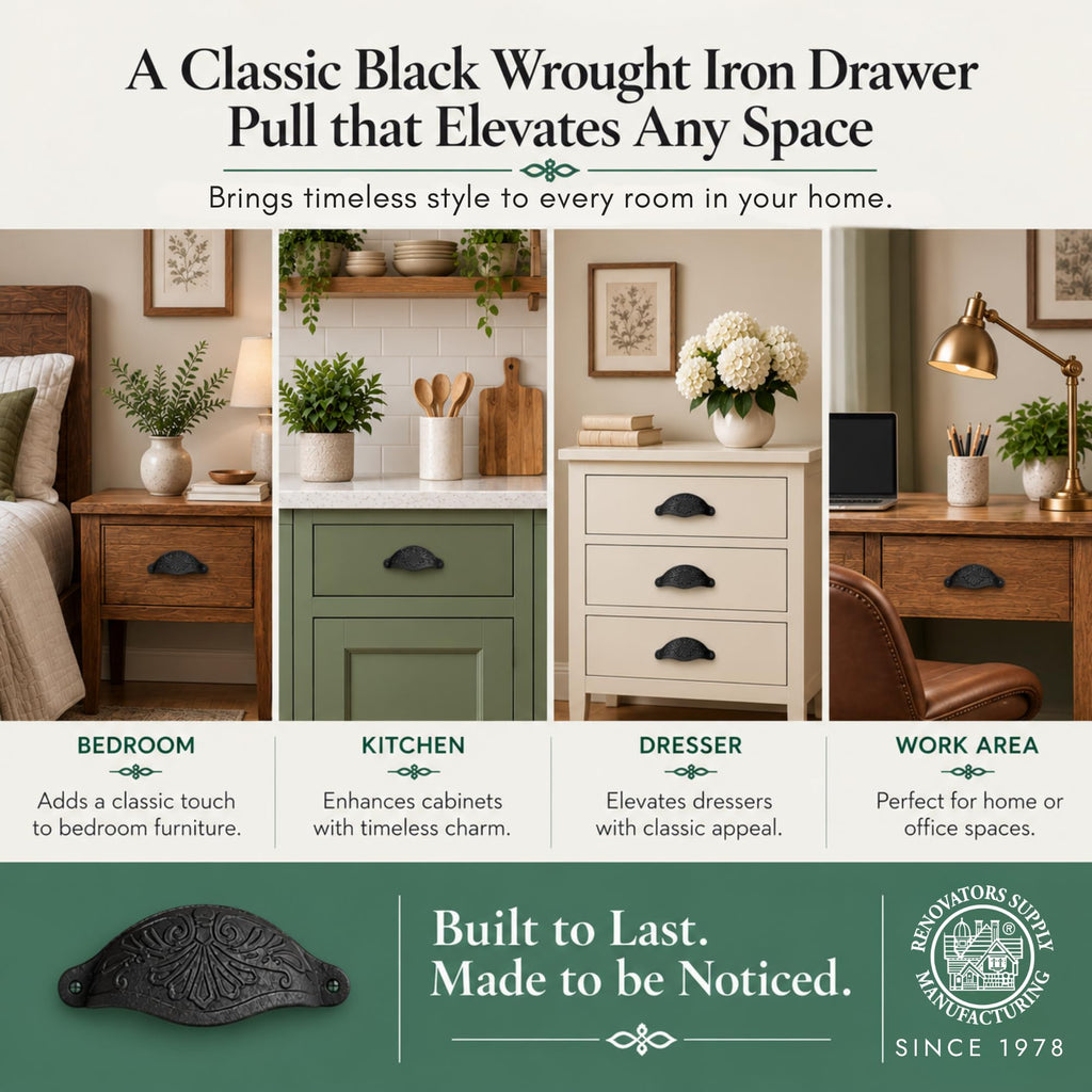 Black Wrought Iron Cup Bin Pull 4.5in Floral Drawer Hardware Pack of 6