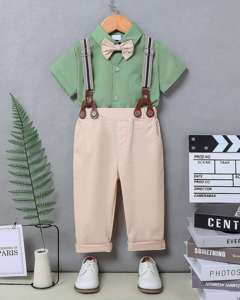 Boys Clothes Formal Suit Gentleman Wedding Outfit Short Sleeve Shirt with Bow Tie and Suspender Pants