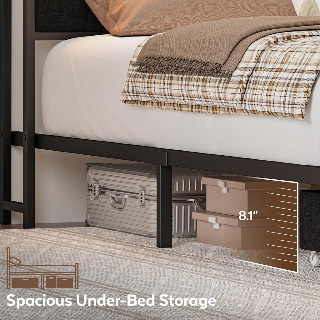 Queen Corner Bed Frame with Storage Drawers, Modern Daybed with LED Lights and Charging Station, Metal Platform Bed