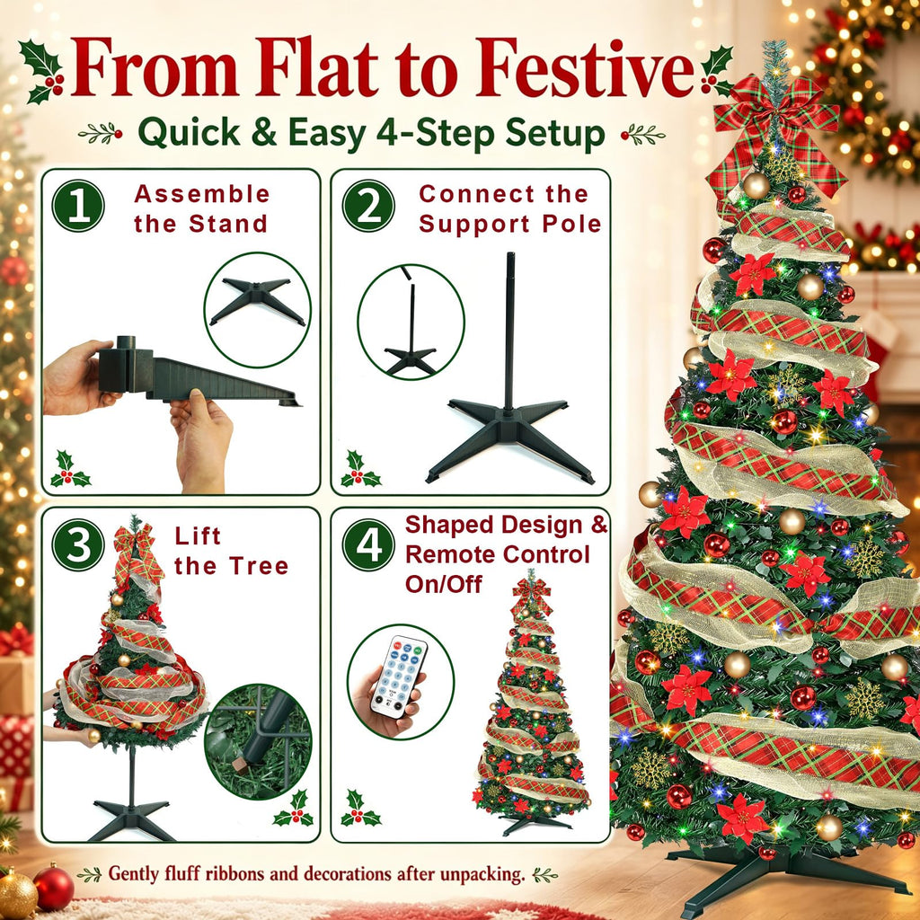 6 Ft Pop up, Collapsible with Lights 200 LED Pre-Lit Christmas Trees Plug-in with Remote Timer 11 Lighting Modes for