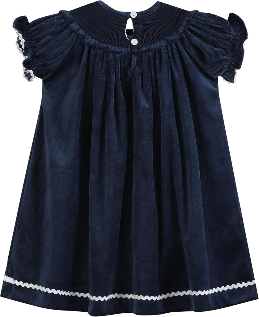 Baby and Girls Blue Velvet Silver Bows Smocked Ruffle Bishop Dress