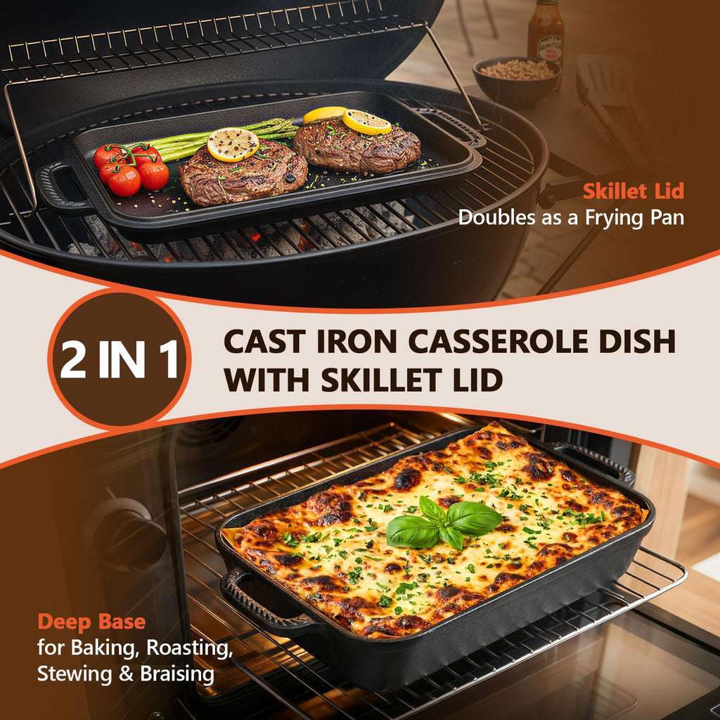 Cast Iron Casserole Dish with Lid 9x13", 2-In-1 Cast Iron Baking Pan