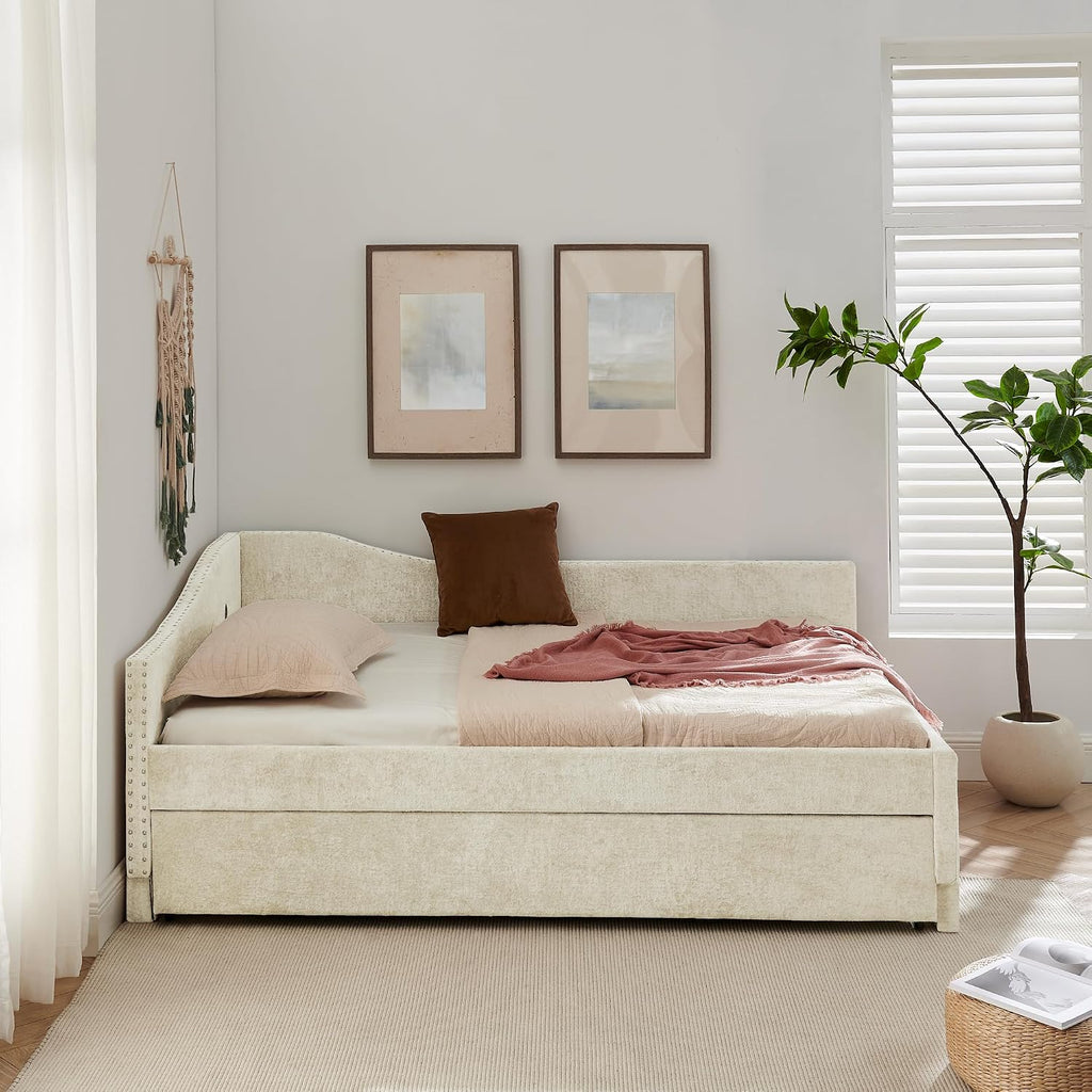Full Daybed with Pop Up Trundle, Full Size Day Bed Frame, USB Port, Beige | Chenille L-Shaped Corner Bed Frame