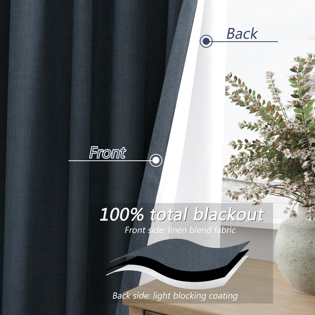100% Blackout Linen Curtains 84 Inch Long 2 Panels Vintage Blue