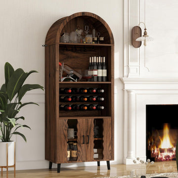 71" Farmhouse Arched Bar Cabinet with Wine Rack, Brown Wine Cabinet