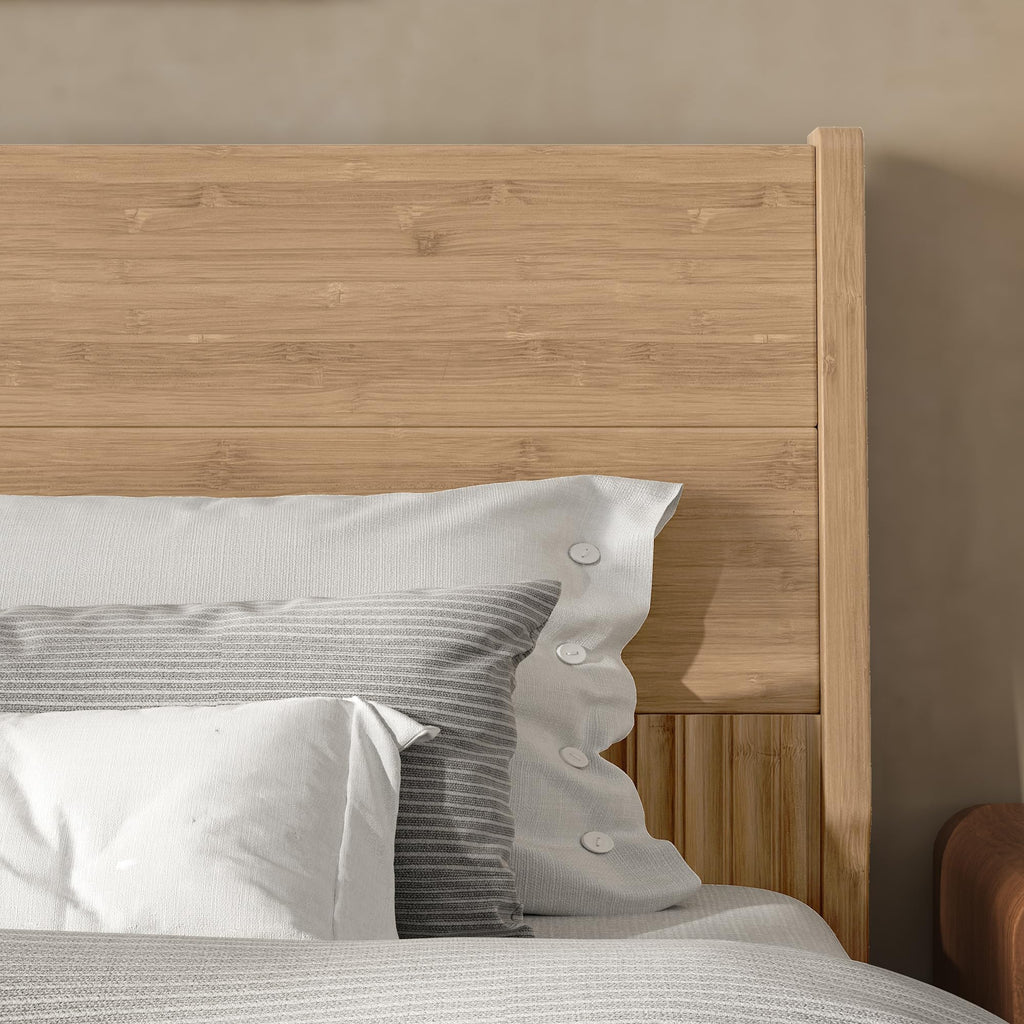 King Size Bamboo Platform Bed with Tall Headboard, Mid-Century Modern Floating Bed Frame with Wooden Solid Support