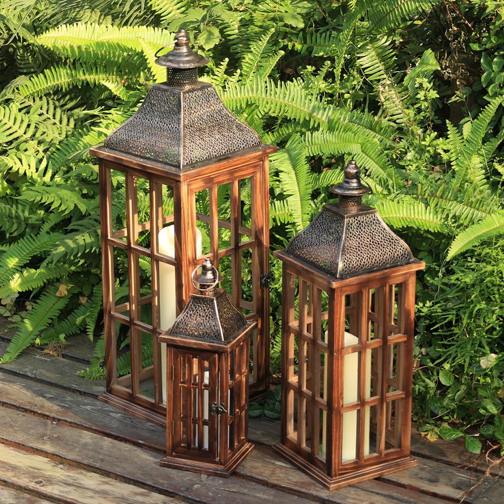 Large Farmhouse Wooden Metal Lantern Set of 3, 27''/22''/15'' H Rustic Decorative Indoor & Outdoor Hanging Candle