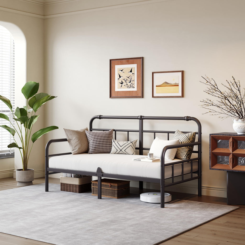 Twin Daybed Frame, Classic Day Bed Frame Twin Size with Headboard, Metal Platform Sofa Bed Living Room, Heavy Duty