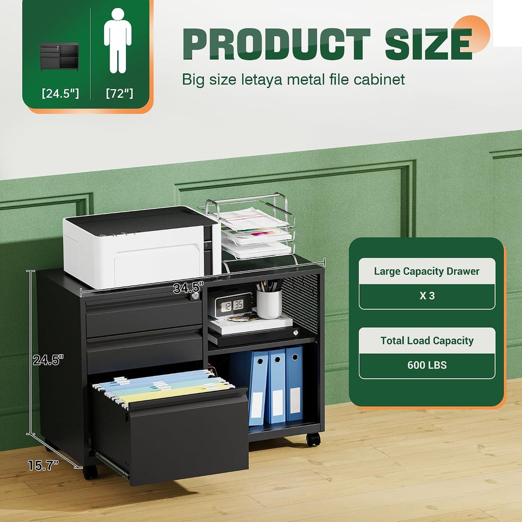 Mobile 3 Drawer File Cabinet with Lock-Metal Lateral Rolling Printer Stand Filing Cabinets -Storage A4/F4/Letter
