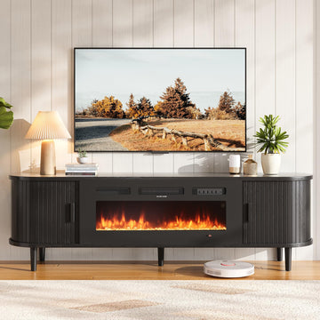 70" Mid Century Modern TV Stand with Fireplace, Fluted Fireplace TV Stand, Entertainment Center with Sliding Door, TV