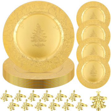 24 Pcs Christmas Gold Charger Plates Set Including 12 Round 13 Inch Plastic Charger Plates and 12 Christmas Tree