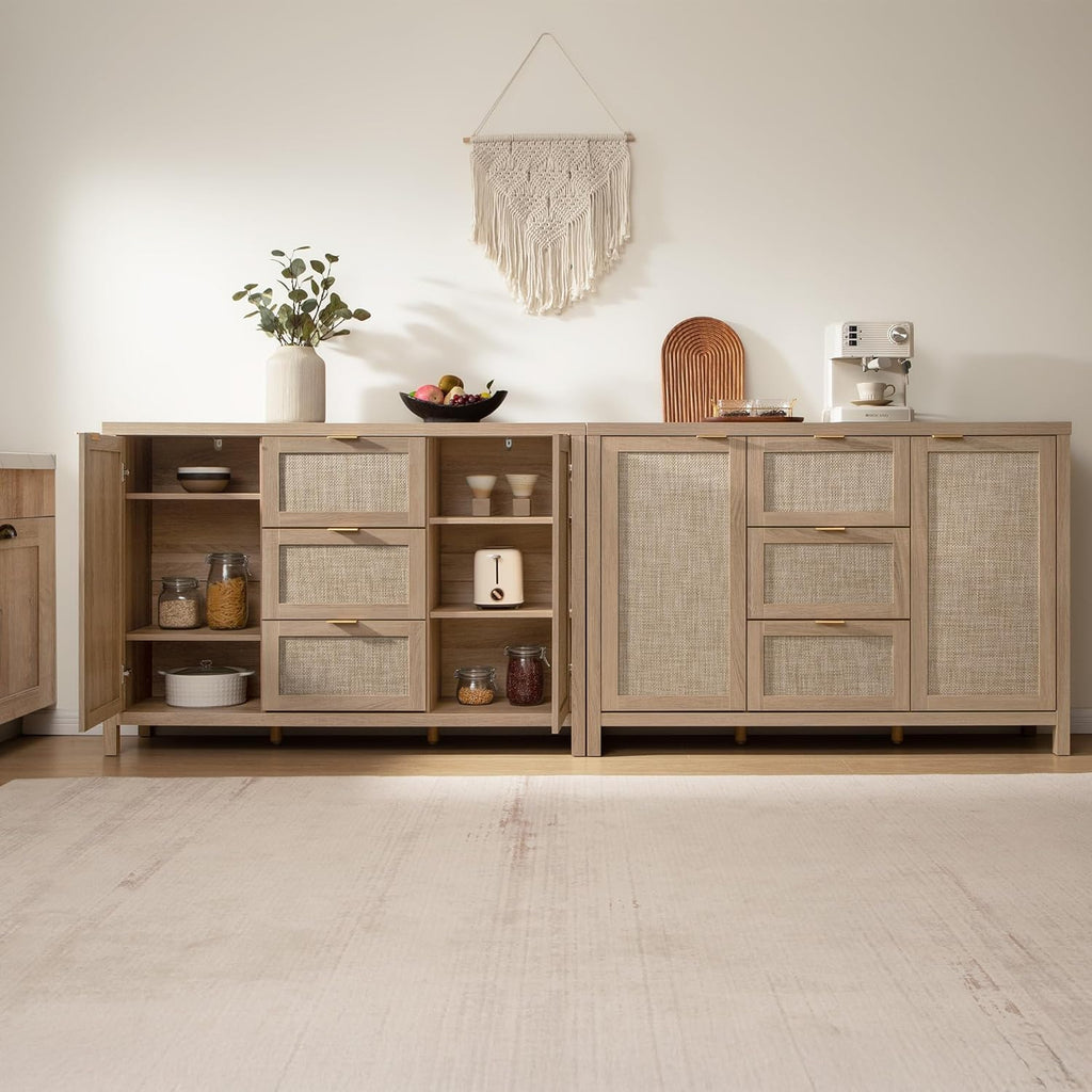52 Inch Sideboard Buffet Cabinet with Storage, Rattan Credenza | Farmhouse Boho Coffee Bar Cabinet Storage Cabinet