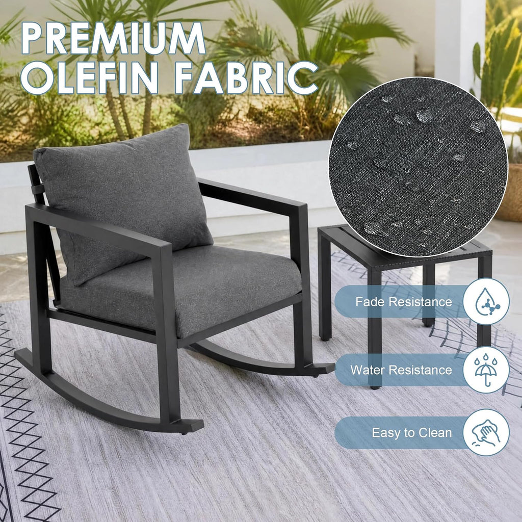 Outdoor Rocking Chair Set 2 with Coffee Table, 3 Piece Metal Rocking Bistro Set with 5.1" High Density Cushions for