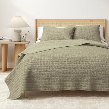 Size Green 100% Cotton Honeycomb Waffle Quilt and Sham Set - Garment Washed, Waffle Weave Like Texture
