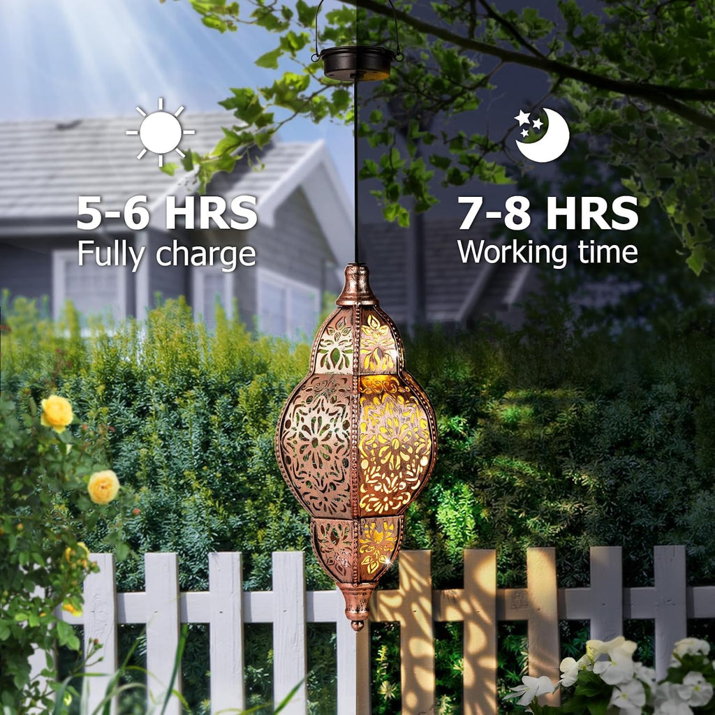 Hanging Solar Lantern Outdoor Decor 2Pack, 9.5In Moroccan LED Lights for Outside Garden Decorations, Waterproof Solar