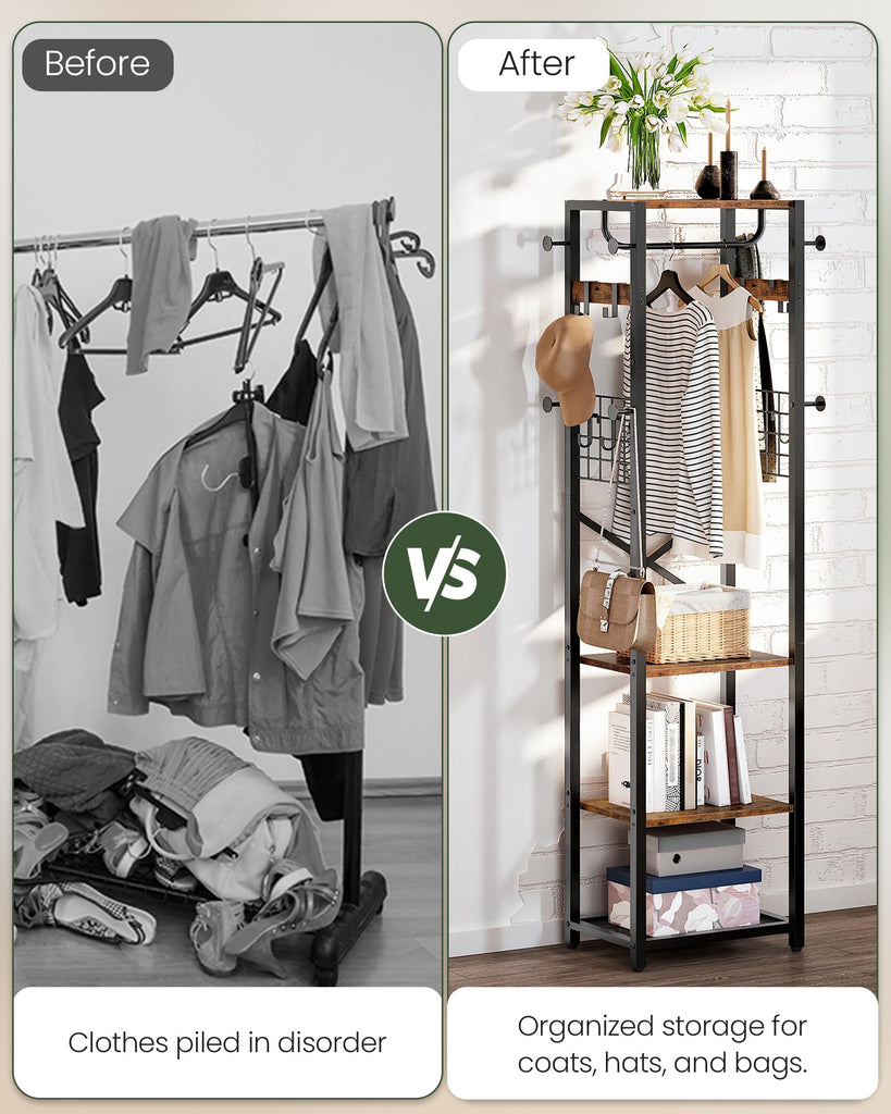 Coat Rack with Shelves, Freestanding Hall Tree, Coat Tree with 16 Hooks and Hanging Rail, Industrial Clothes Stand
