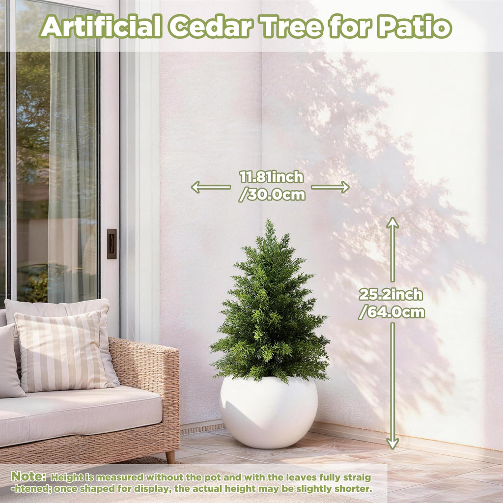 2ft Artificial Cedar Topiary Tree, Set of 2 Realistic Faux Evergreen Shrub Plant in Planter, Indoor Outdoor Fake