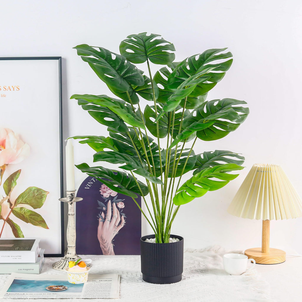 28" Fake Plants, Monstera Floor Plant, Black Pot Decor