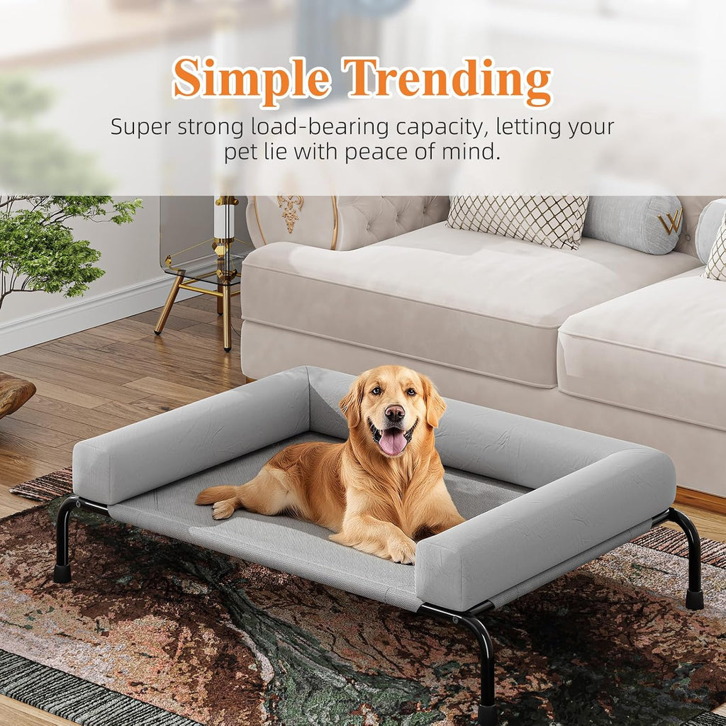 Elevated Dog Bed for Large Dogs with Bolsters, Grey