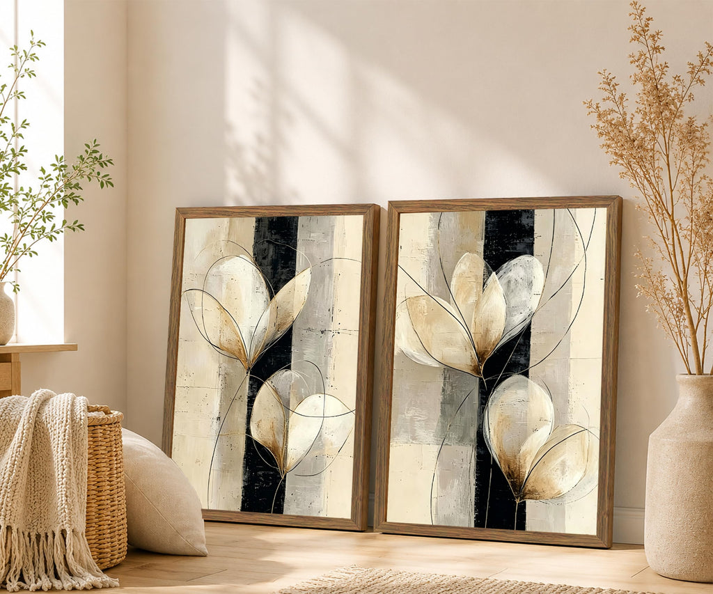 Framed Modern Neutral Black White Abstract Floral Canvas Wall Art Set of 2