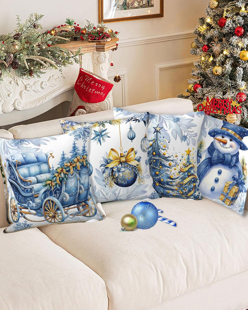 Christmas Pillow Covers,Blue Snowman Pillow Case Christmas Decorative Stuff Winter Decorations Couch Cushion - Set of 4
