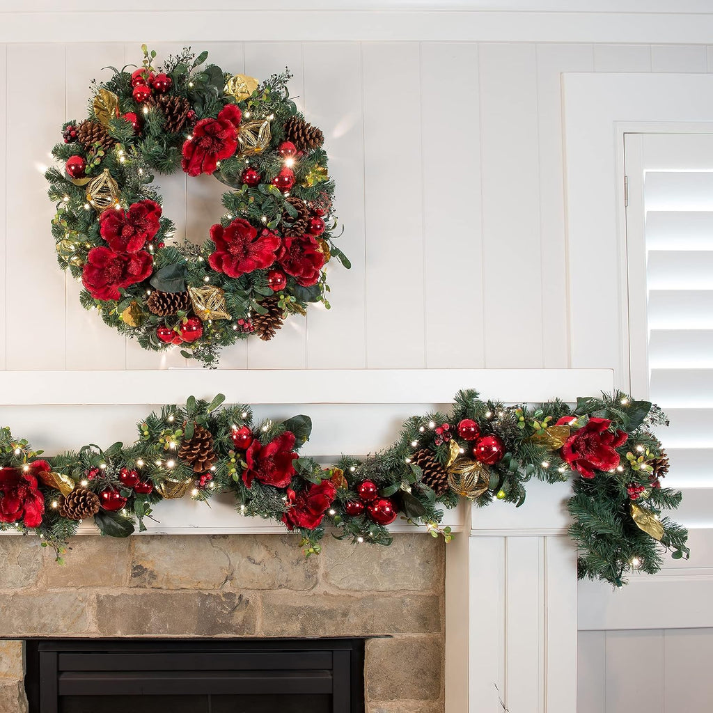 30 Inch Pre-Lit Artificial Christmas Wreath, Red Magnolia