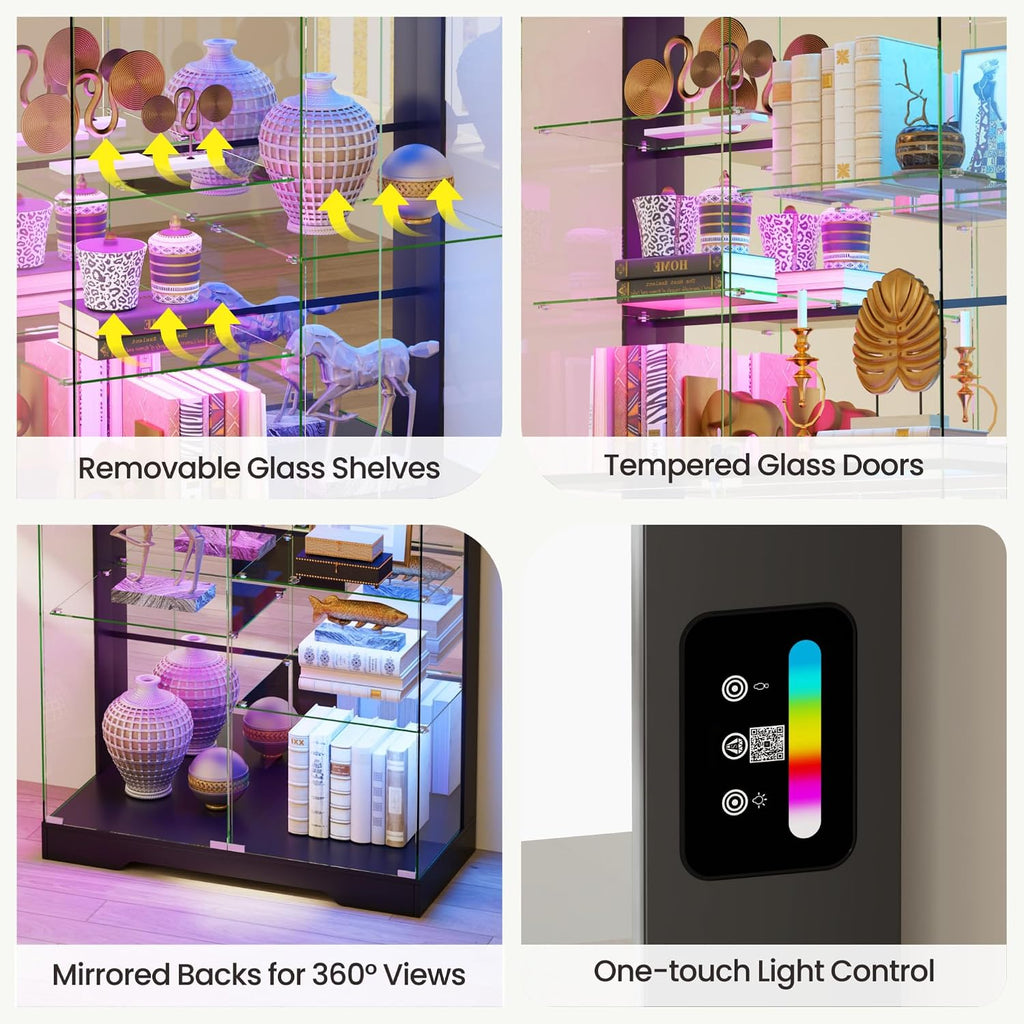 10-Tier Glass Display Cabinet with RGB Light and Motion Sensor,Black | 71''H Lockable Curio Cabinet with Glass
